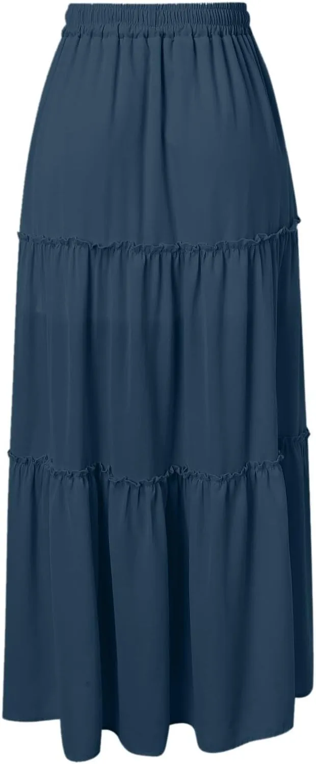 Womens Summer Boho Flowy Swing Tiered Maxi Skirt with Pocket 2025 Fashion Elastic Waist Pleated Long Beach Outfits