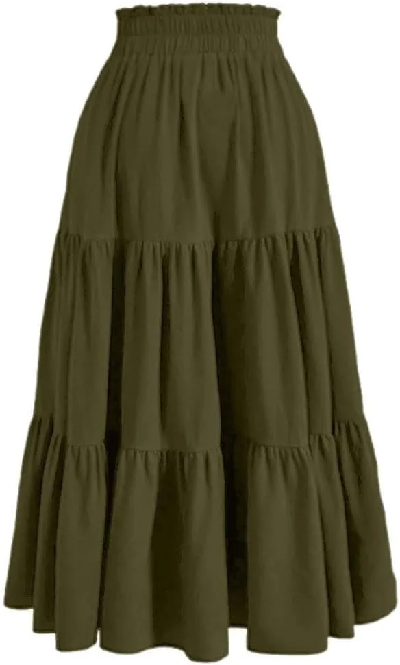 Womens Summer Flowy Swing Tiered Midi Skirt with Pocket 2025 Casual Boho Elastic Waisted Beach Long Skirt