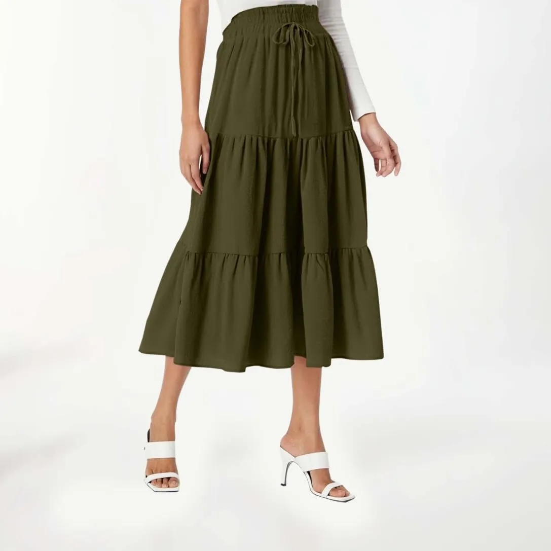 Womens Summer Flowy Swing Tiered Midi Skirt with Pocket 2025 Casual Boho Elastic Waisted Beach Long Skirt