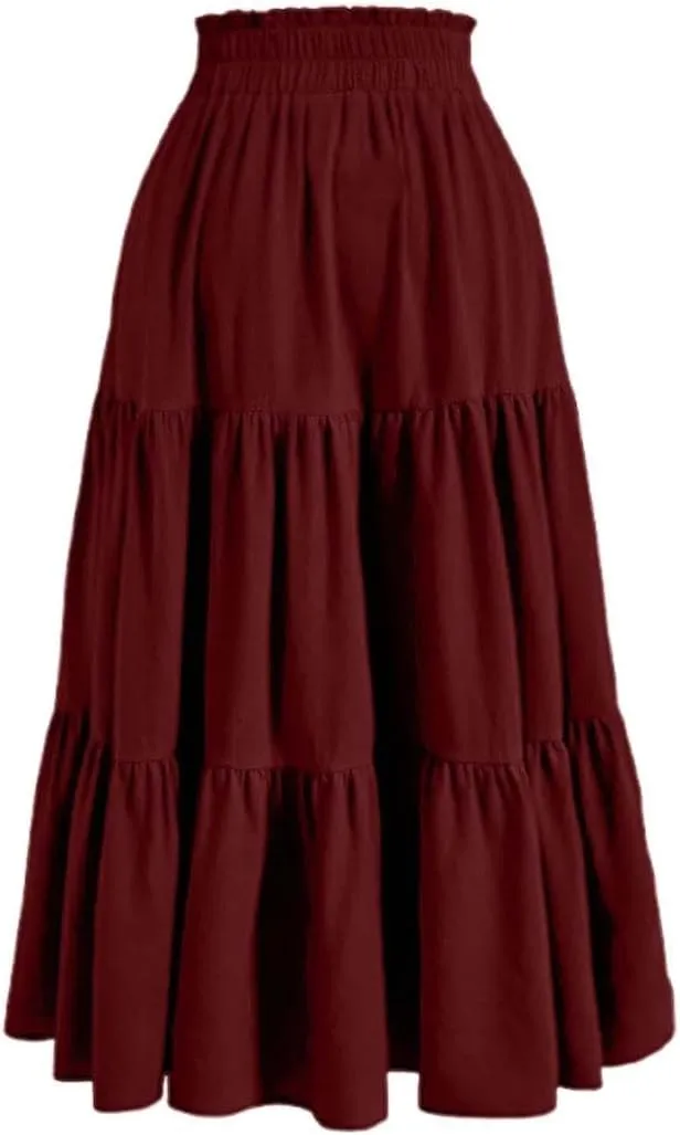 Womens Summer Flowy Swing Tiered Midi Skirt with Pocket 2025 Casual Boho Elastic Waisted Beach Long Skirt