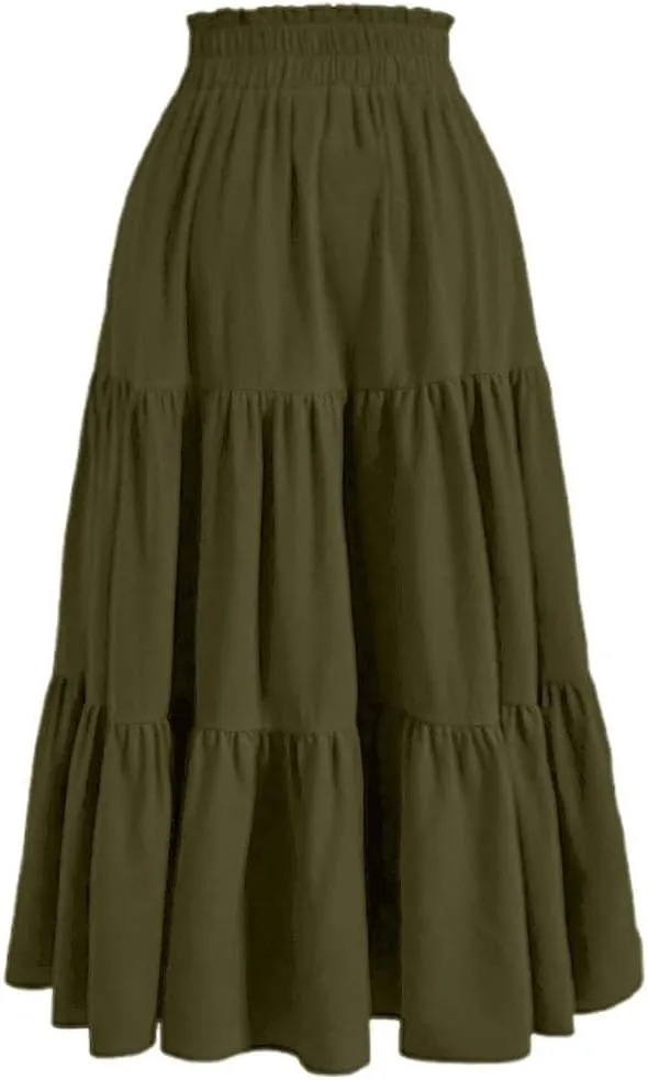 Womens Summer Flowy Swing Tiered Midi Skirt with Pocket 2025 Casual Boho Elastic Waisted Beach Long Skirt