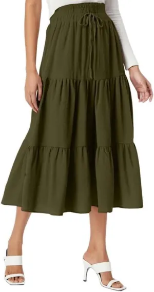 Womens Summer Flowy Swing Tiered Midi Skirt with Pocket 2025 Casual Boho Elastic Waisted Beach Long Skirt
