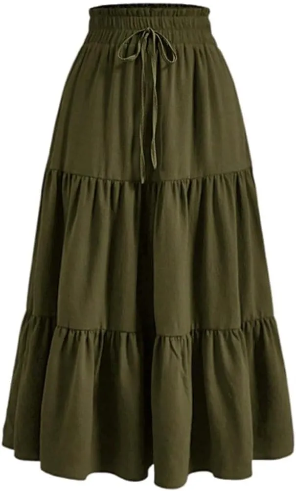 Womens Summer Flowy Swing Tiered Midi Skirt with Pocket 2025 Casual Boho Elastic Waisted Beach Long Skirt
