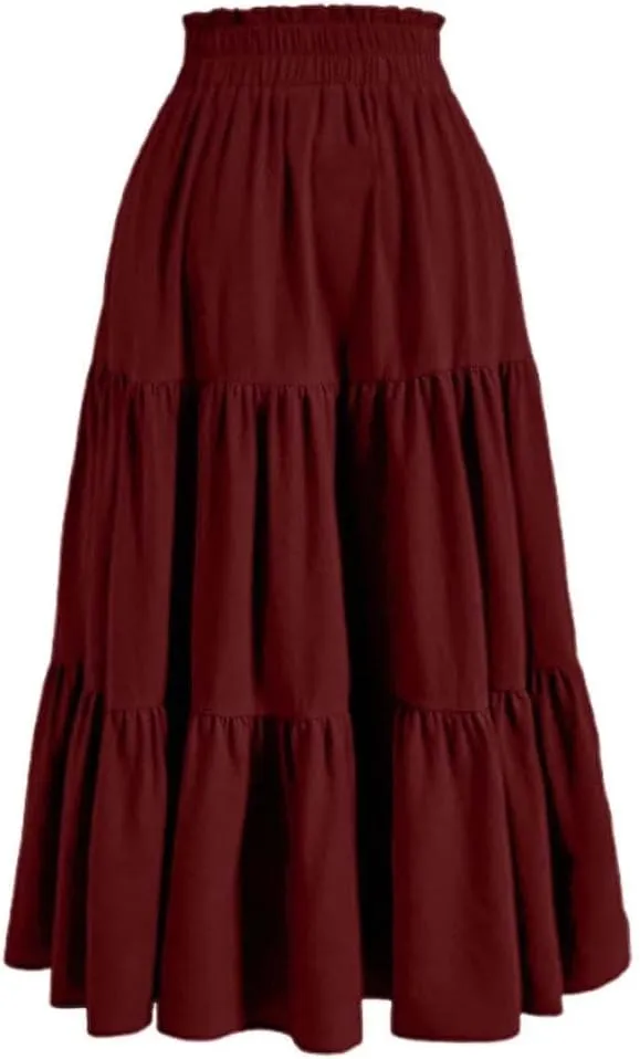 Womens Summer Flowy Swing Tiered Midi Skirt with Pocket 2025 Casual Boho Elastic Waisted Beach Long Skirt