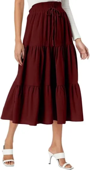 Womens Summer Flowy Swing Tiered Midi Skirt with Pocket 2025 Casual Boho Elastic Waisted Beach Long Skirt