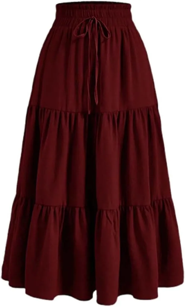 Womens Summer Flowy Swing Tiered Midi Skirt with Pocket 2025 Casual Boho Elastic Waisted Beach Long Skirt