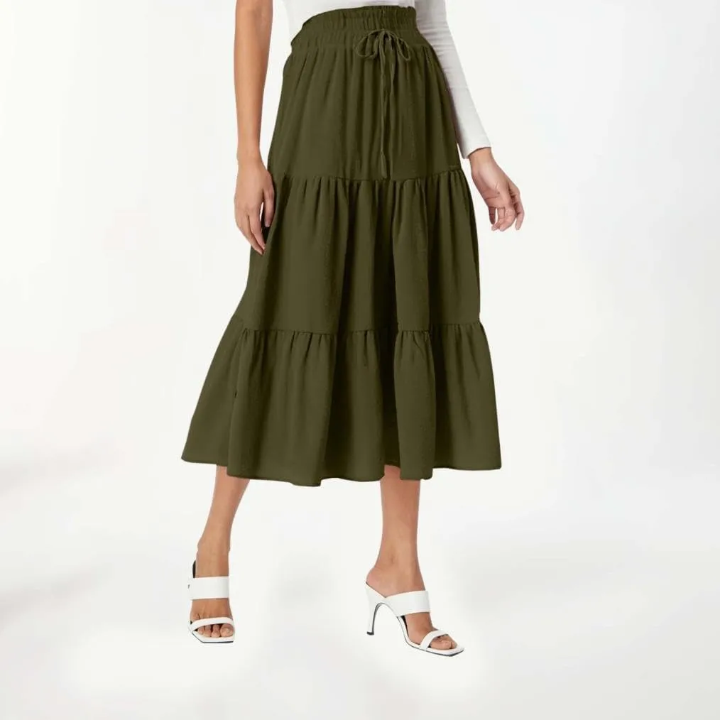 Womens Summer Flowy Swing Tiered Midi Skirt with Pocket 2025 Casual Boho Elastic Waisted Beach Long Skirt