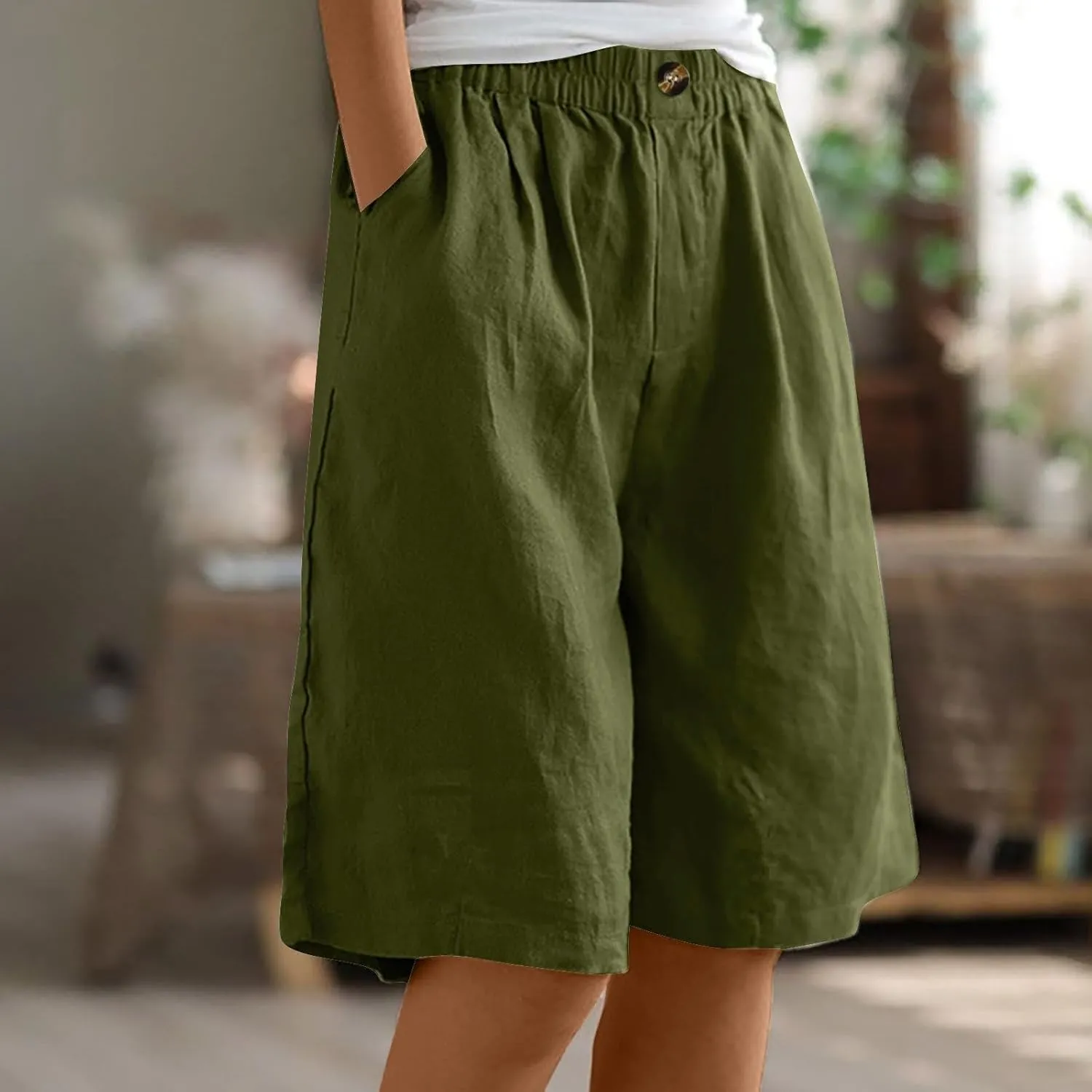 Womens Summer Shorts Bermuda Shorts for Women Cotton Linen Wide Leg Knee Length Casual Loose Fit Comfy 2025 Trendy
