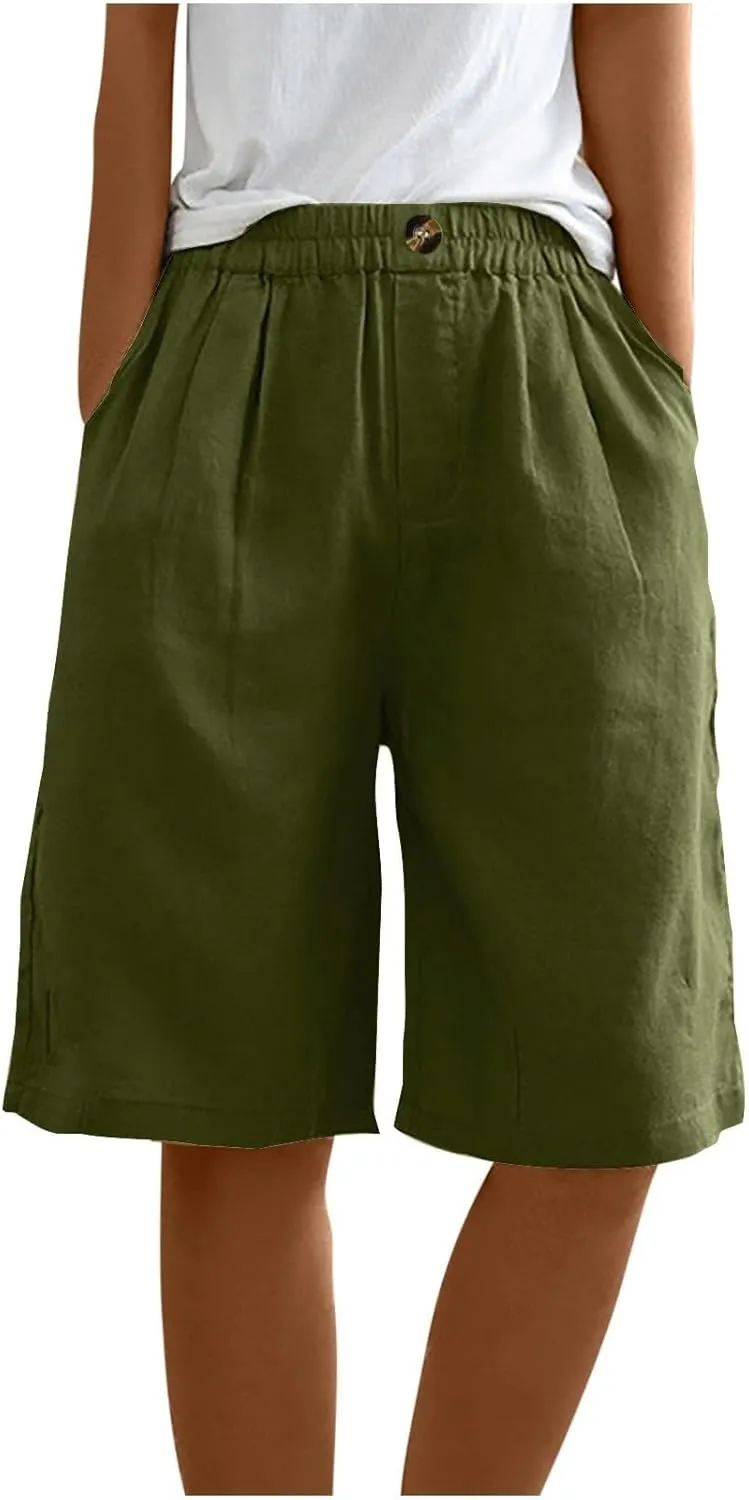 Womens Summer Shorts Bermuda Shorts for Women Cotton Linen Wide Leg Knee Length Casual Loose Fit Comfy 2025 Trendy
