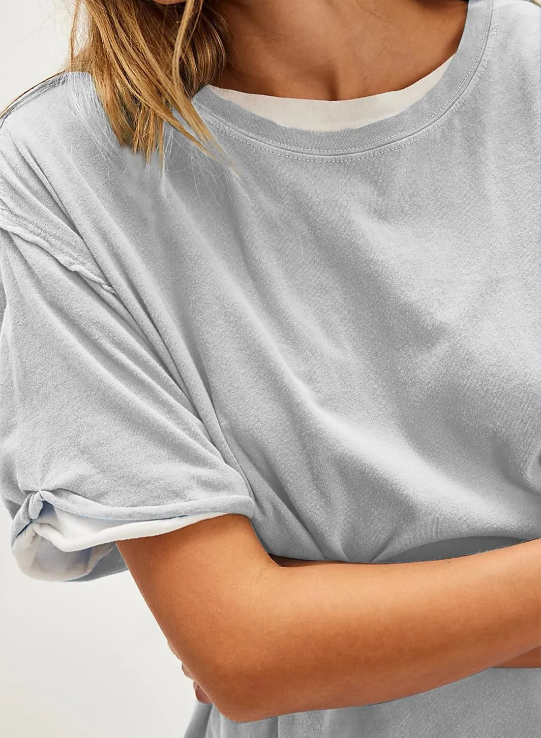 Womens Summer Tops Oversized Short Sleeve Plain Tshirts Casual Exposed Raw Seams Tee Shirts