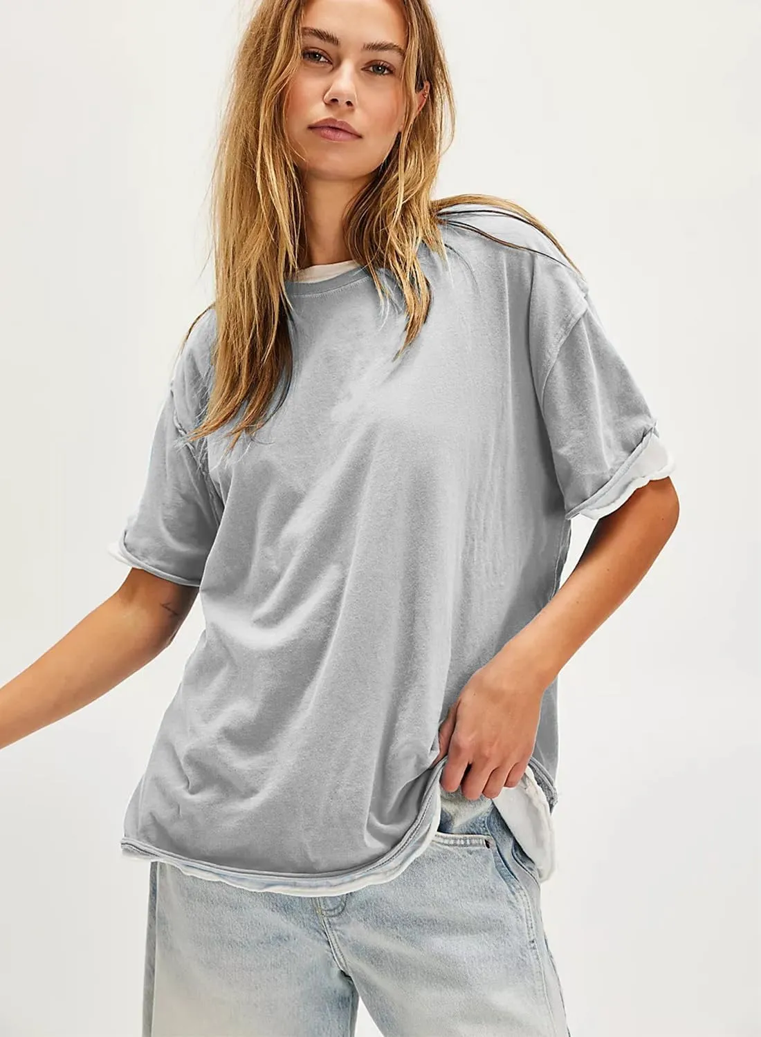 Womens Summer Tops Oversized Short Sleeve Plain Tshirts Casual Exposed Raw Seams Tee Shirts