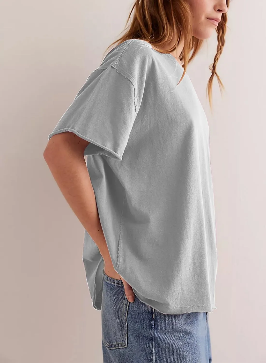 Womens Summer Tops Oversized Short Sleeve Plain Tshirts Casual Exposed Raw Seams Tee Shirts