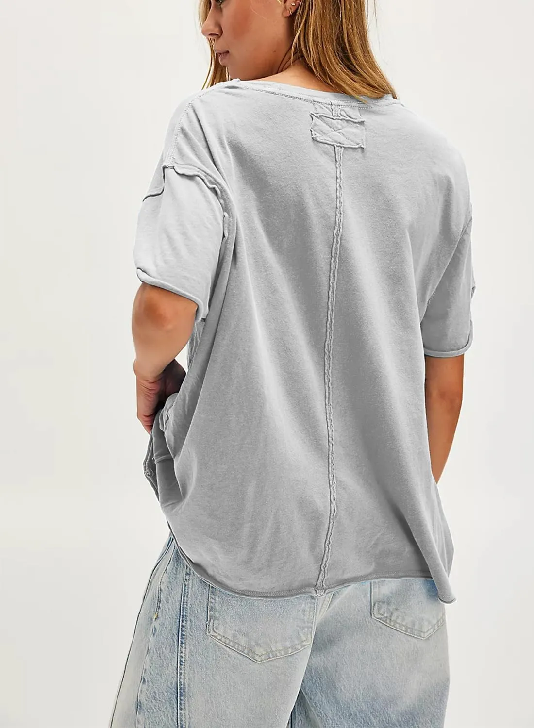 Womens Summer Tops Oversized Short Sleeve Plain Tshirts Casual Exposed Raw Seams Tee Shirts