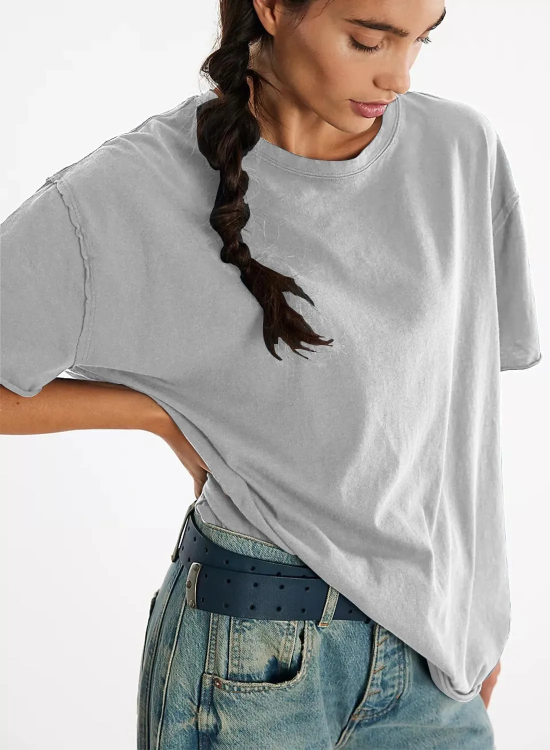 Womens Summer Tops Oversized Short Sleeve Plain Tshirts Casual Exposed Raw Seams Tee Shirts