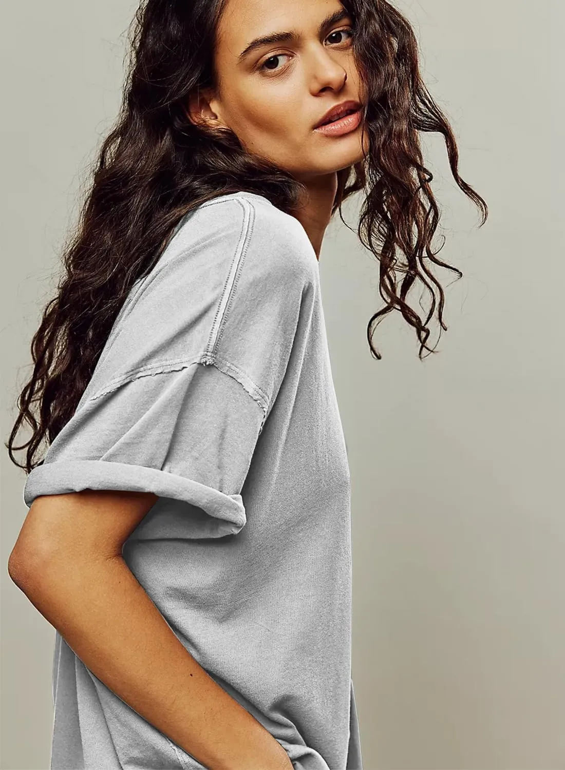 Womens Summer Tops Oversized Short Sleeve Plain Tshirts Casual Exposed Raw Seams Tee Shirts