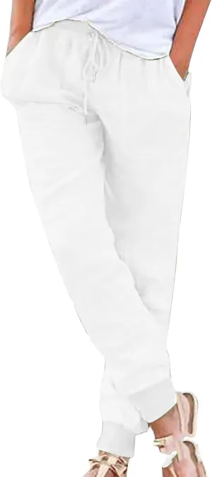 Womens Tapered Pant Summer Lightweight Cotton Linen Pants Drawstring Elastic Waist Loose Fit Casual Pant with Pockets