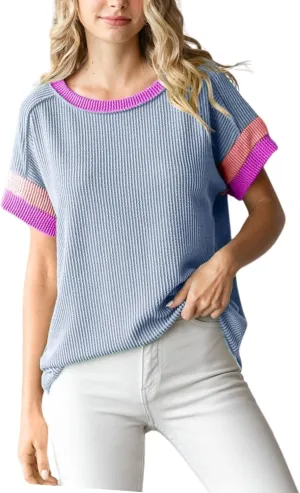 Womens Textured Ribbed Tshirts Color Block Crewneck Short Sleeves Blouse Casual Oversized Tops Knit Tees