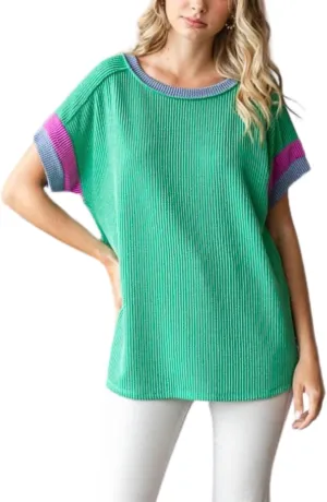Womens Textured Ribbed Tshirts Color Block Crewneck Short Sleeves Blouse Casual Oversized Tops Knit Tees