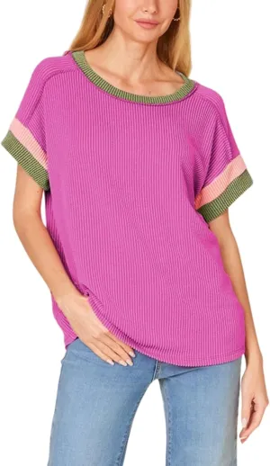 Womens Textured Ribbed Tshirts Color Block Crewneck Short Sleeves Blouse Casual Oversized Tops Knit Tees