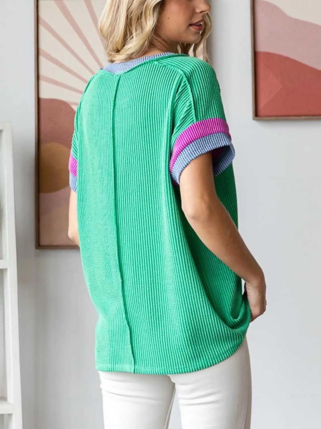 Womens Textured Ribbed Tshirts Color Block Crewneck Short Sleeves Blouse Casual Oversized Tops Knit Tees