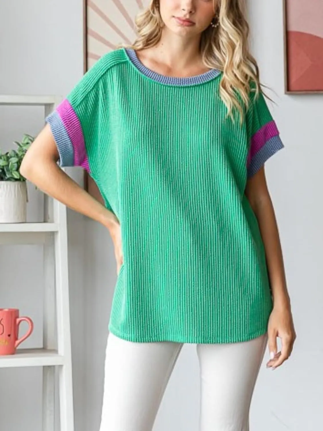 Womens Textured Ribbed Tshirts Color Block Crewneck Short Sleeves Blouse Casual Oversized Tops Knit Tees