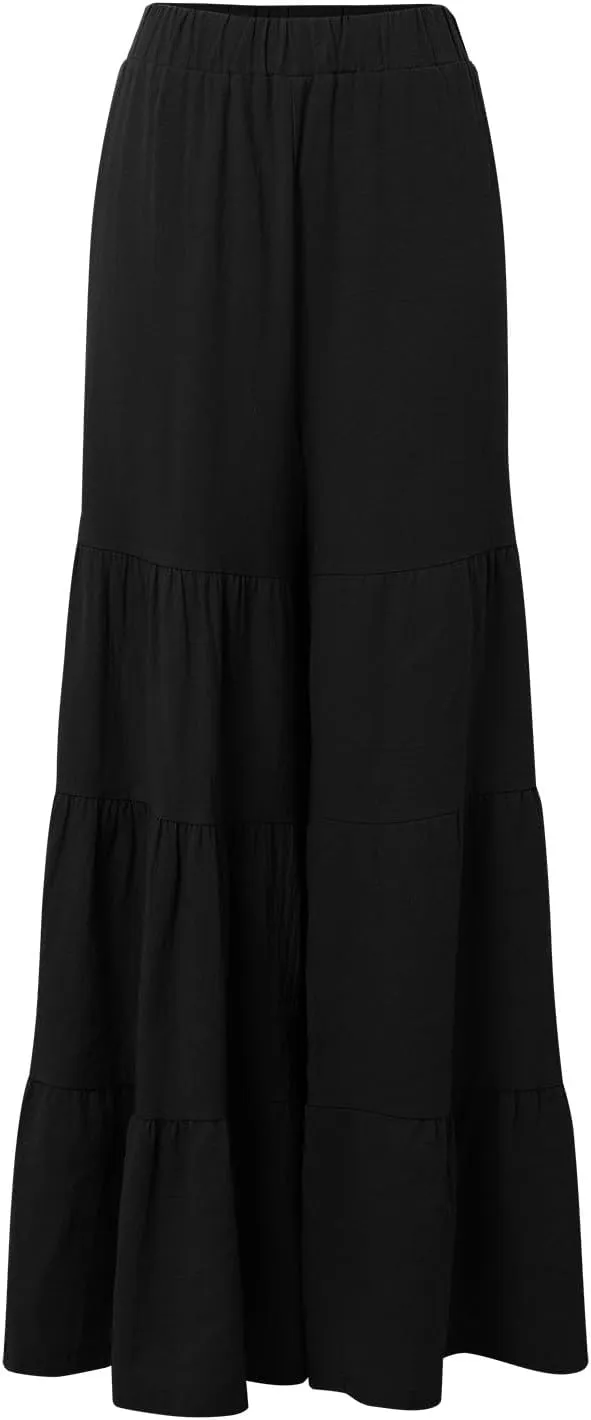 Women's Tiered Ruffle Hem Wide Leg Pants Elastic Waist Flowy Palazzo Boho Pants Plus Size Travel Pants
