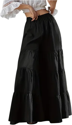 Women's Tiered Ruffle Hem Wide Leg Pants Elastic Waist Flowy Palazzo Boho Pants Plus Size Travel Pants