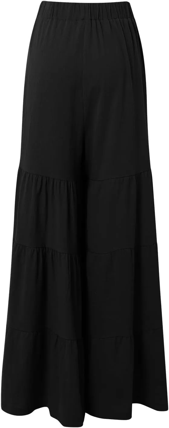 Women's Tiered Ruffle Hem Wide Leg Pants Elastic Waist Flowy Palazzo Boho Pants Plus Size Travel Pants