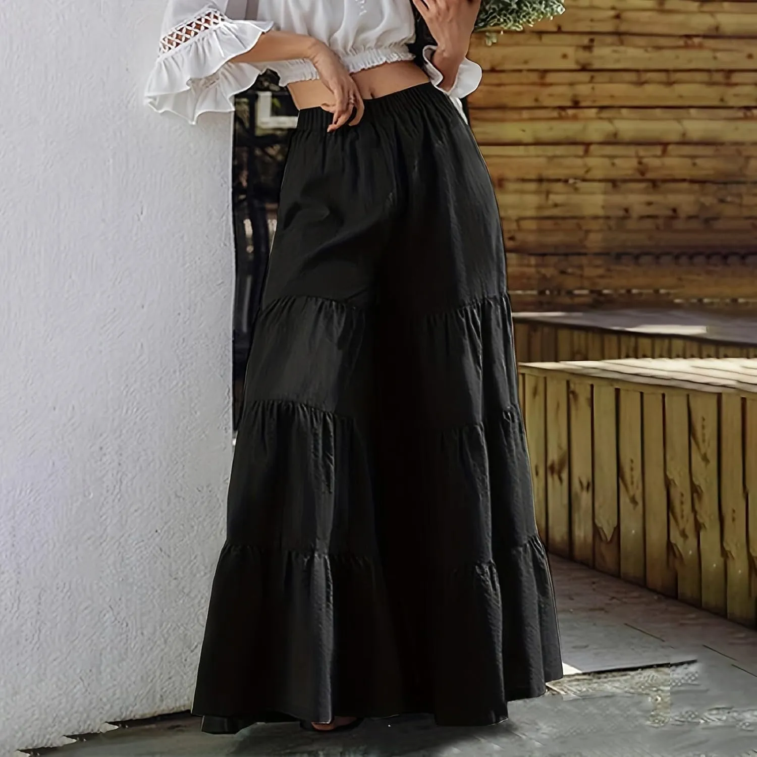 Women's Tiered Ruffle Hem Wide Leg Pants Elastic Waist Flowy Palazzo Boho Pants Plus Size Travel Pants