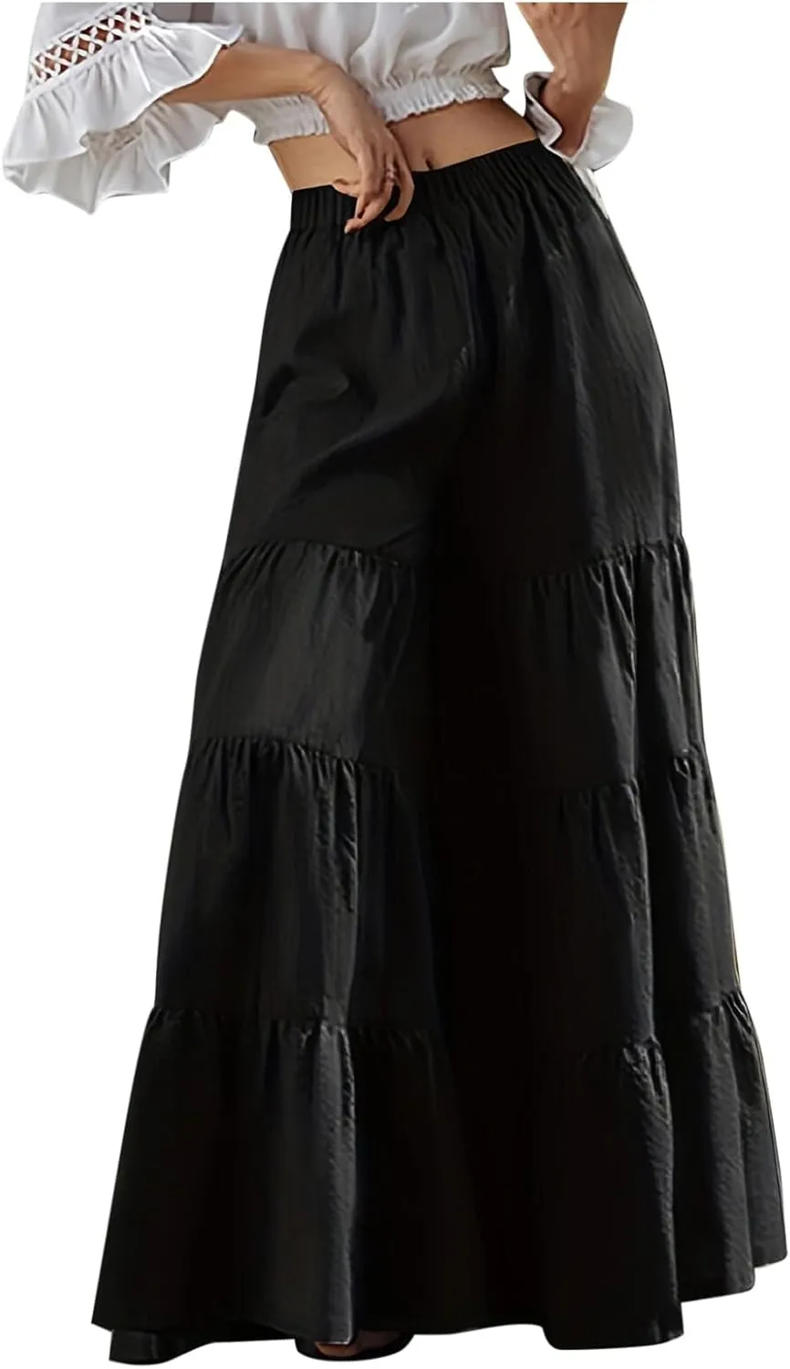 Women's Tiered Ruffle Hem Wide Leg Pants Elastic Waist Flowy Palazzo Boho Pants Plus Size Travel Pants