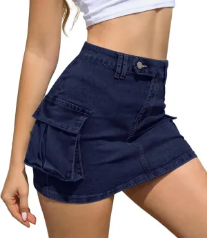 Womens Y2k Denim Mini Skirts Low Waist Cute Skirts Cargo Jean Skirts Dresses with Pockets