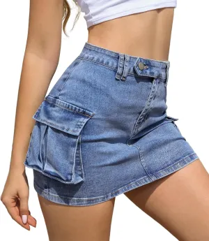 Womens Y2k Denim Mini Skirts Low Waist Cute Skirts Cargo Jean Skirts Dresses with Pockets