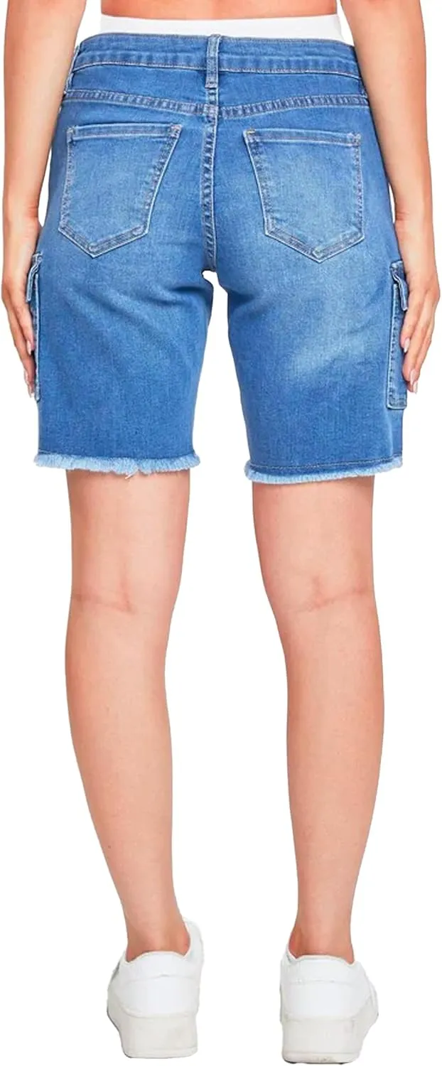 YMI Women's Low Rise Cargo Bermuda with Frayed Hem
