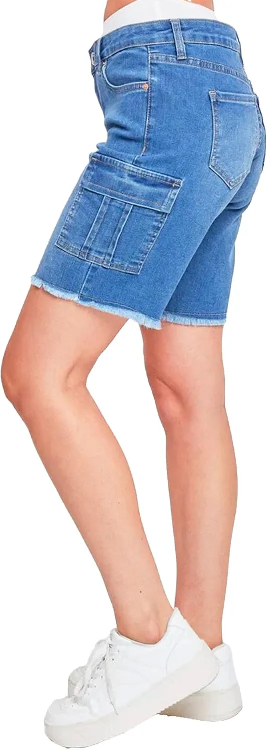 YMI Women's Low Rise Cargo Bermuda with Frayed Hem