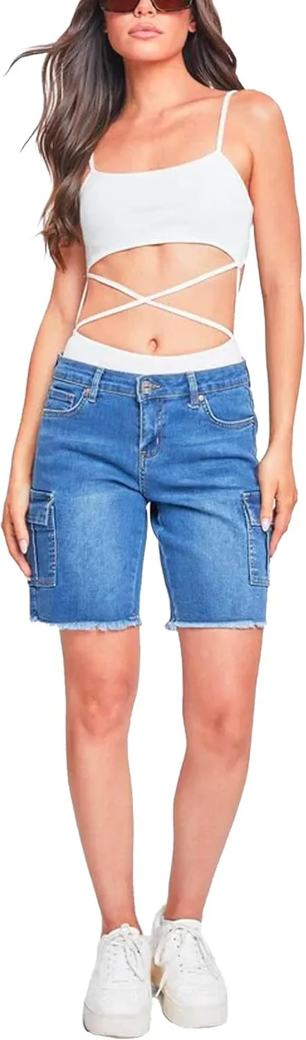YMI Women's Low Rise Cargo Bermuda with Frayed Hem