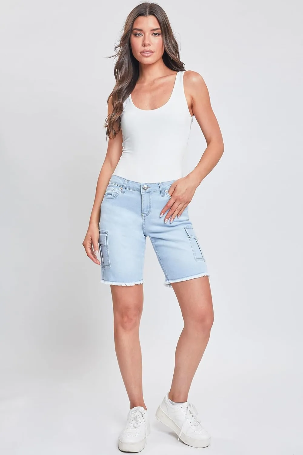 YMI Women's Low Rise Cargo Bermuda with Frayed Hem