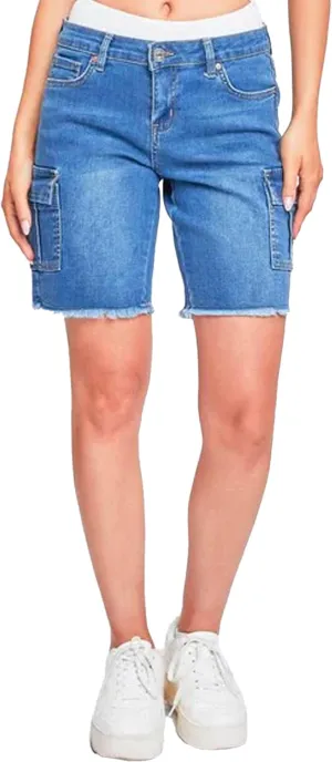 YMI Women's Low Rise Cargo Bermuda with Frayed Hem