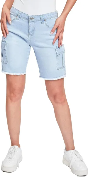 YMI Women's Low Rise Cargo Bermuda with Frayed Hem
