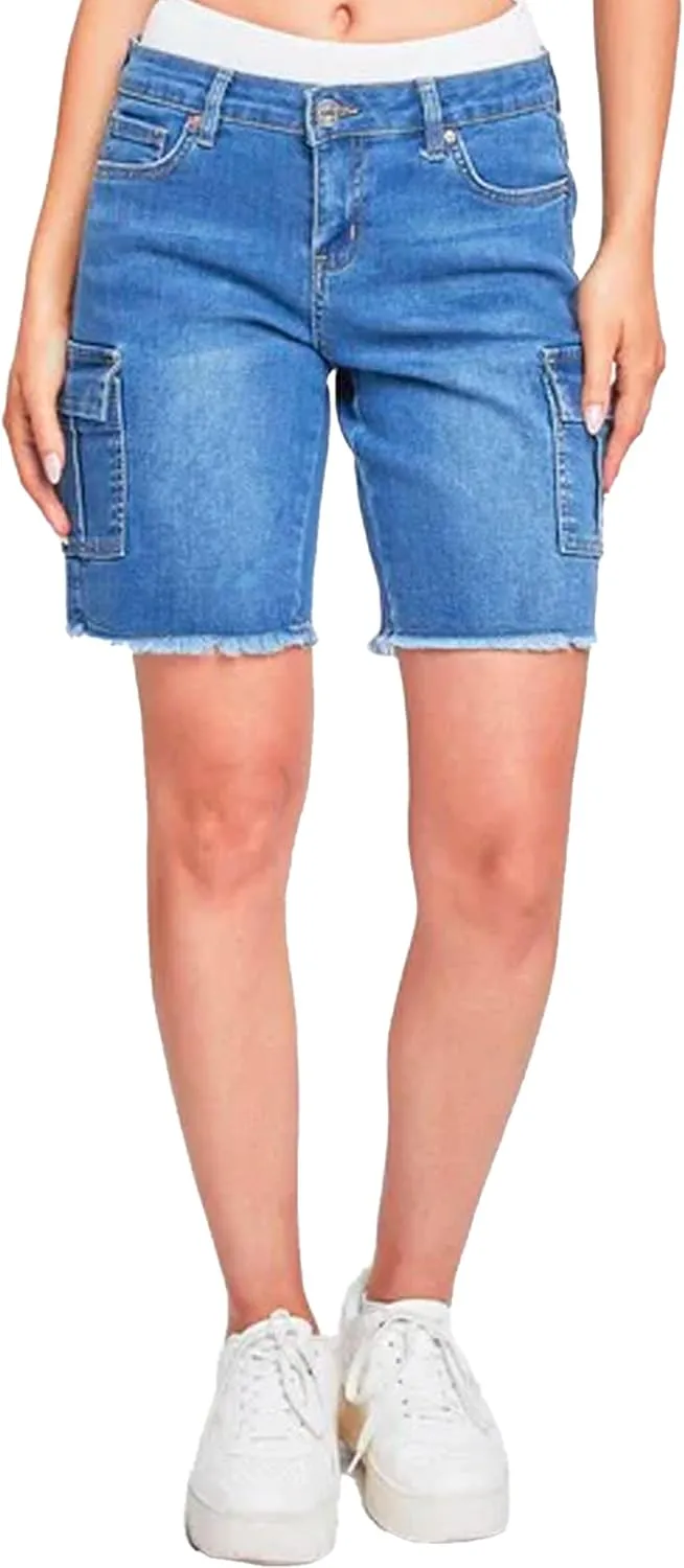 YMI Women's Low Rise Cargo Bermuda with Frayed Hem